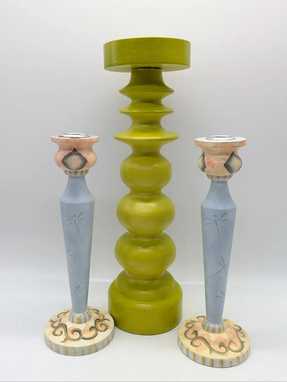 Tranquil Home Hand painted Blue Cream Dragonfly Green Large Wooden Candle Holder